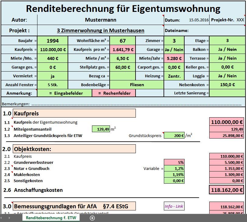 ExcelVorlagenPaket Steuer, Nebenkosten und RenditeBerechnung für Immobilien
